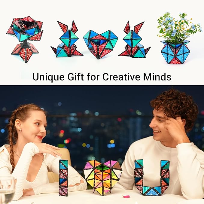 TOSY Magnet Pyramid Stone - 1 Cube Transforms into 1 Billion Shapes, 14 pcs (12 Puzzle pcs and 2 Spinners), 243 Magnets, Christmas Stocking Stuffers Gift for Kids, Creative Puzzle STEM Toy, 4-Pack