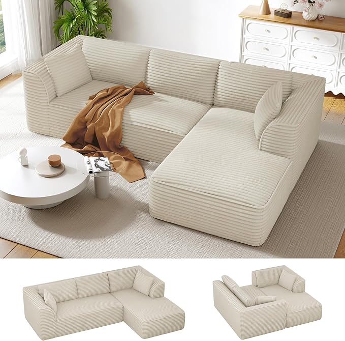 Vesgantti 106" Modular Sectional Sofa with Chaise, Deep Seat Comfy Cloud Couch Corduroy L Shaped Sofa Sectional Couches for Living Room Bedroom, No Assembly Required (Camel, Right-Facing Chaise)