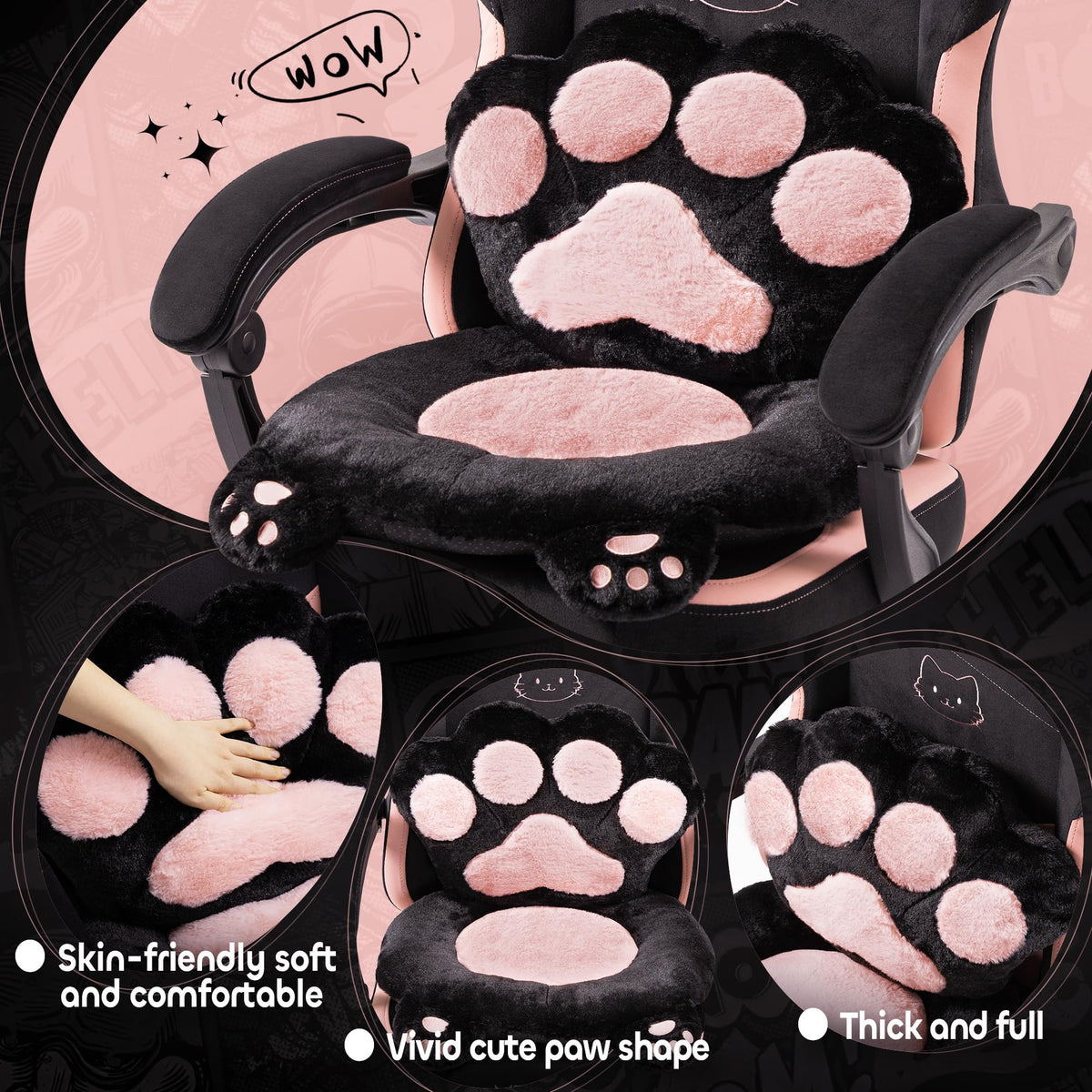 Pink Gaming Chair Cute with Cat Ears Paw Lumbar and Cushion,Ergonomic Computer Chair with Footrest,Reclining PC Game Chair for Girl Computer Chair 300lbs for Adult