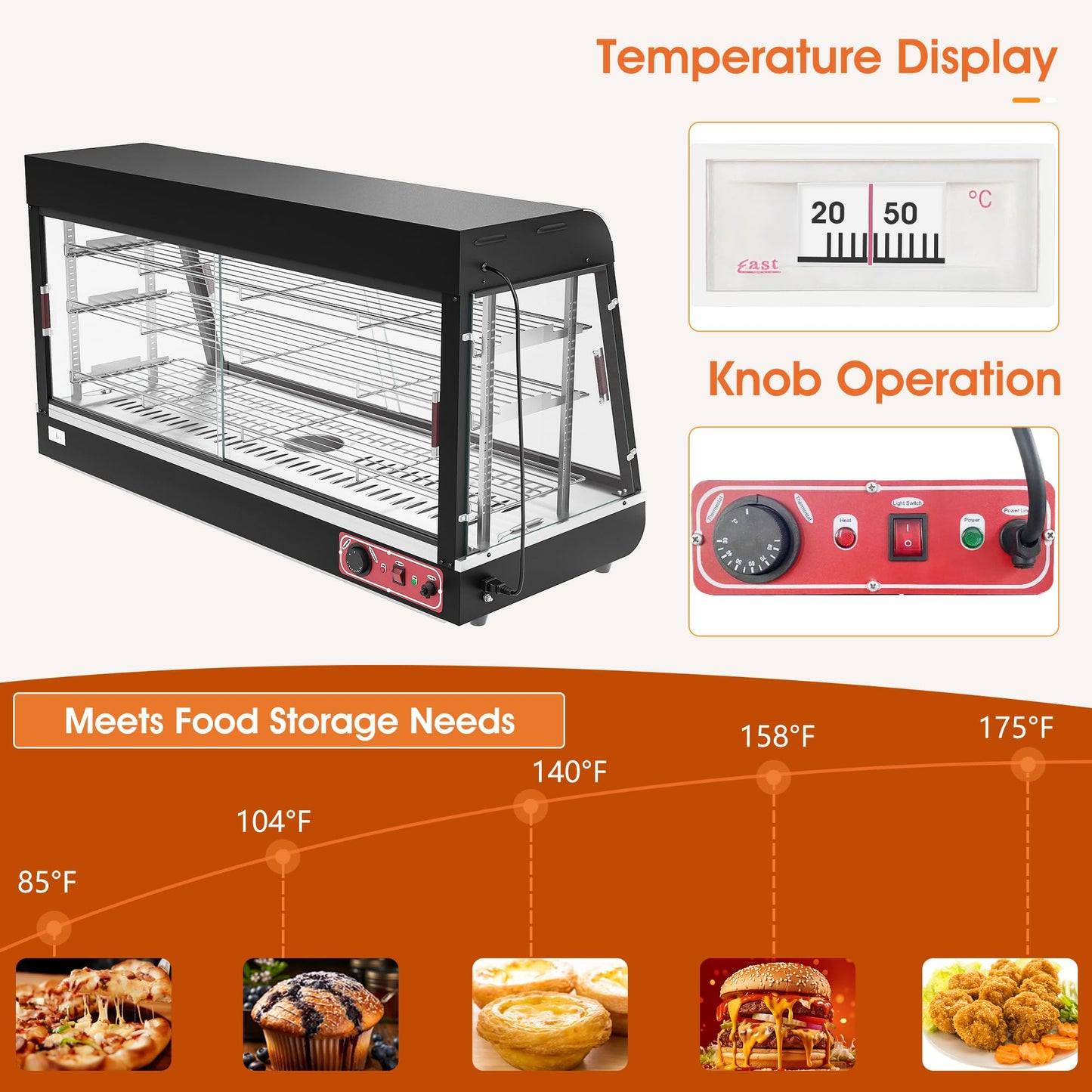 Whalefall 3-Tier Food Warmers Countertop, 48" Commercial Warm for Food Pizza Warmer w/ 3D Heating with Stainless Frame Sliding Glass Doors Pastry Display Case for Buffet Restaurant