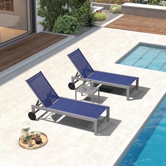 PURPLE LEAF Outdoor Lounge Chair Set for 2 Pool Lounge Chairs with Aluminum Frame and Easy-to-Move Wheels All-Weather Patio Chaise Lounger for Outside Garden Yard Poolside Table Included, Ocean Slate