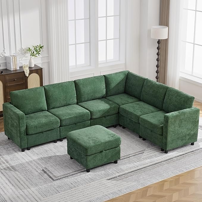 104'' V Shaped Modular Sofa, Sectional Couch with Storage for Living Room, Modern 7 Seater Cloud Sectional Couch with Movable Ottoman, Chenille Dark Green