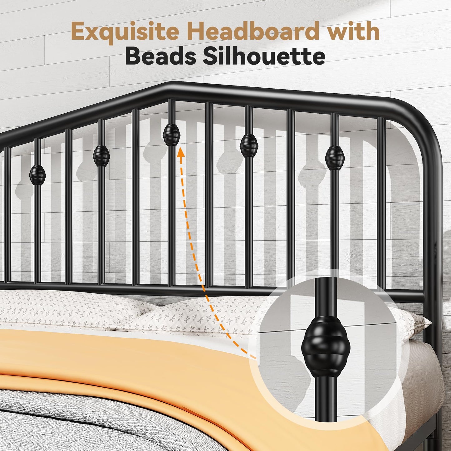 BedsPick 14 Inch Queen Bed Frame, Sturdy Rustic Metal Bed Frame Queen Size, Queen Bed Frame with Headboard and 12.5" Under Bed Space, Curved Corner/No Noise/Easy Assembly/No Box Spring Needed, Black