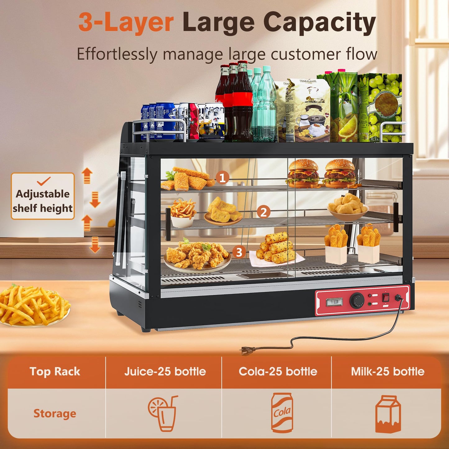 Whalefall Countertop Food Warmer with top Holder, 35 inch Commercial Food Warming Cabinet, tri-Color Lighting, w/Thermometer and Adjustable Thermostat for Cafeteria Kitchens Restaurants