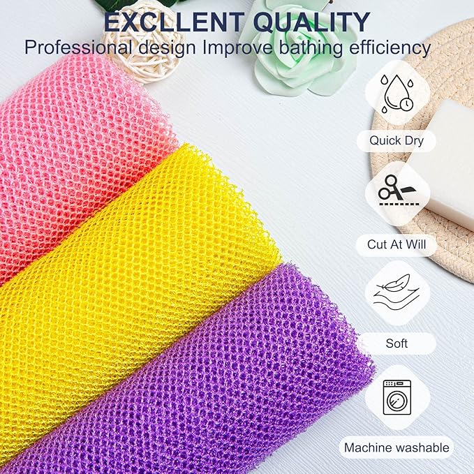 3 Pieces African Net Bath Sponge African Exfoliating African Scrubbing Long Net Rag African Wash Net Shower Body Scrubber, Yellow Pink Purple