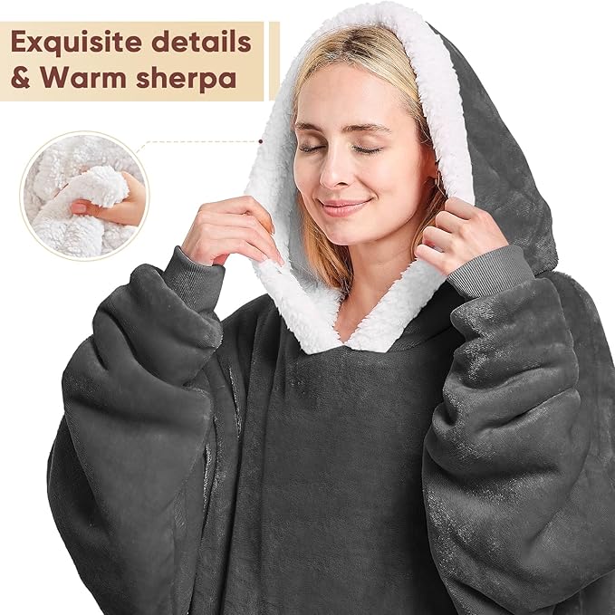 yescool Wearable Blanket Hoodie, Flannel Sherpa Fleece Blanket Sweatshirt for Adults Women Men,One Size Fits All