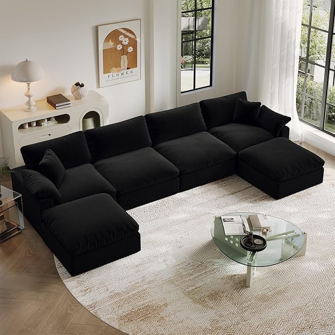 Intuition Decor Modular Sectional Sofa,Extra Comfty Deep-Seat-Filled Couch,Black 6 Seat U Shape Sofas with Movable Ottoman,Modern Couches for Living Room, Apartment, Office,Small Space