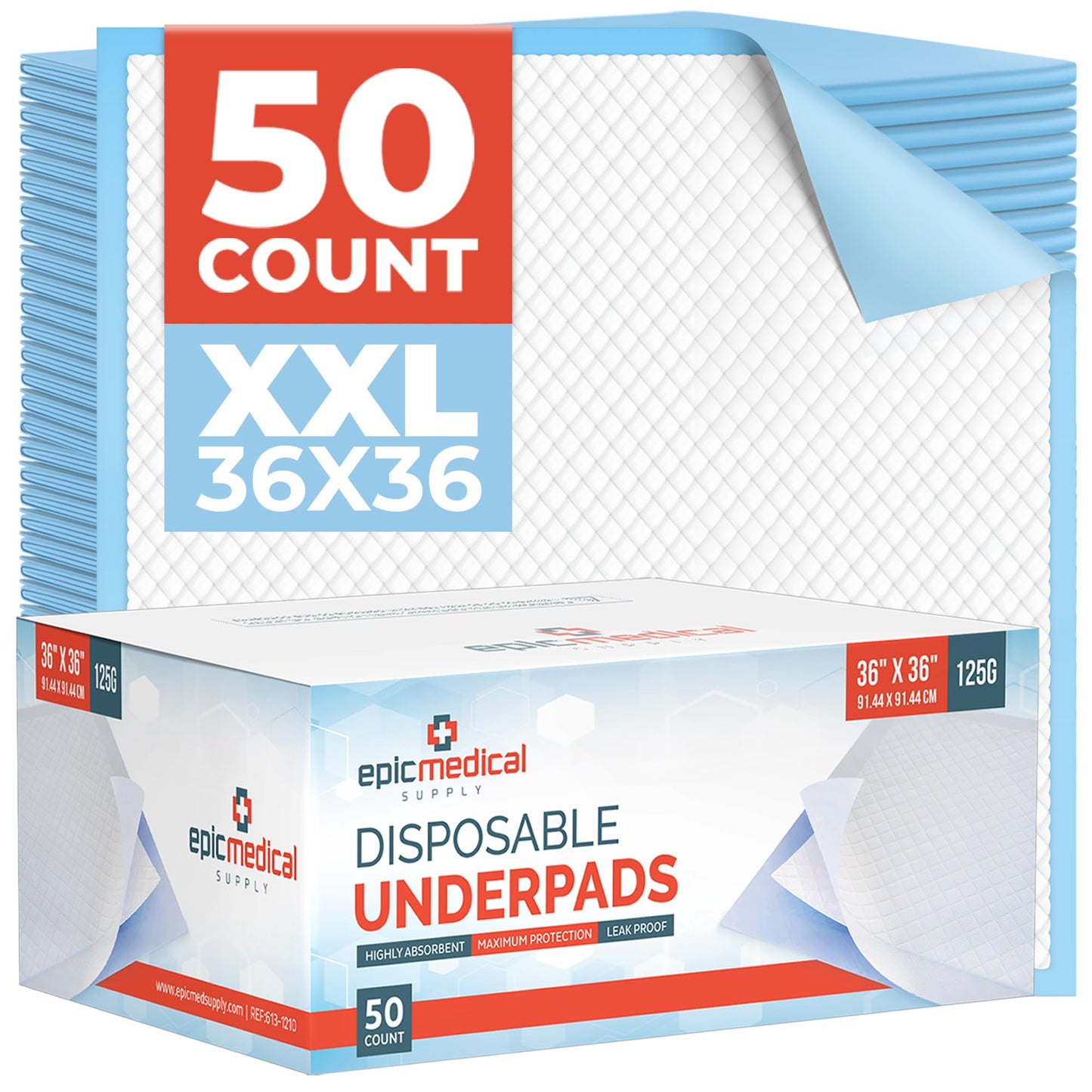 Disposable Adult Bed Pads 36" x 36" Blue Chucks for Elderly Seniors, Incontinence With Wetting Support, Soft and Absorbent, Leak Proof (Pack of 50)