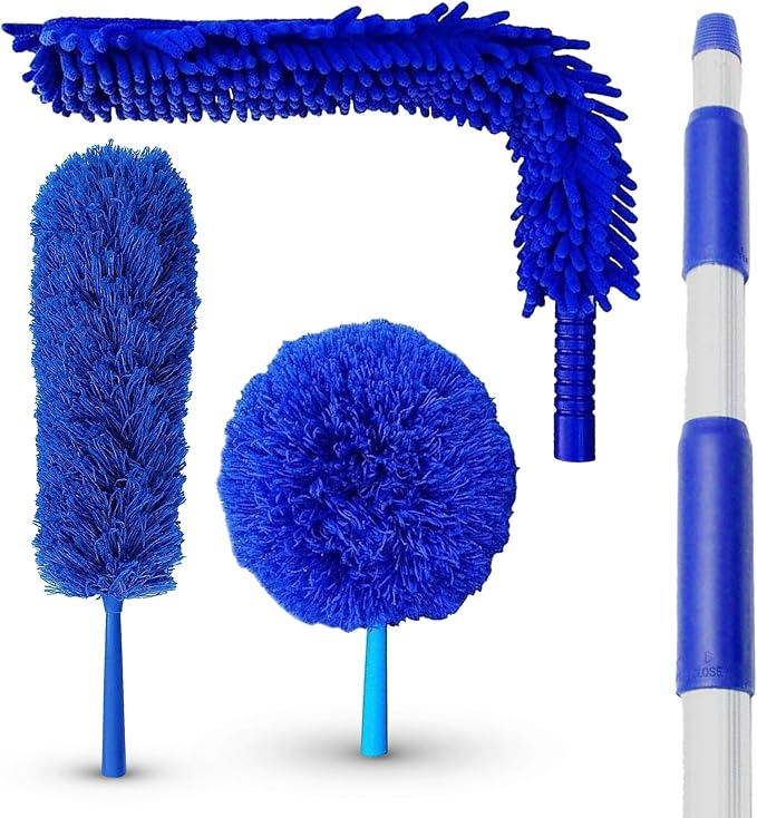New U.S. Duster Company Triple Action High Reach Dusting Kit | Webster Cobweb Ceiling Fan Duster with 13 to 20 Foot Extension Telescope Pole | Lightweight Microfiber Cleaning Set…