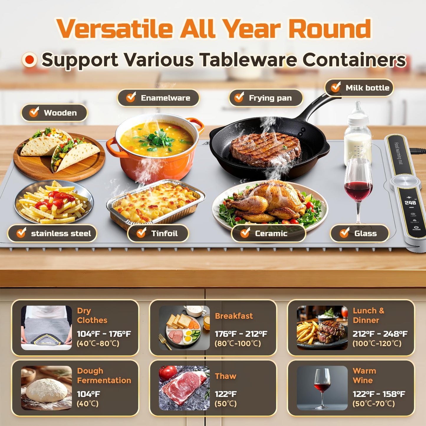 Warming Mat for Food - Super Large 40"x15" Electric Warming Tray Warm 10 Dishes, 9-Temperature Adjustable, 1-6H Timer, Child Lock, 8s Fast Heating, Foldable Food-Grade Silicone Design
