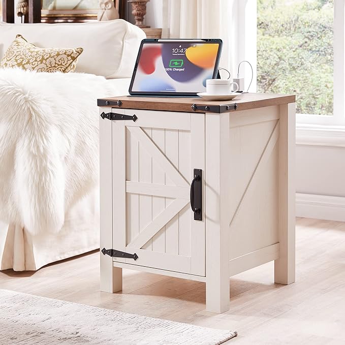 OKD Nightstand with Charging Station, 18 Inch Farmhouse End Table with Barn Door and Adjustable Storage Shelf, Rustic Wood Sofa Side Table w/Magnetic Door for Living Room, Bedroom, Antique White