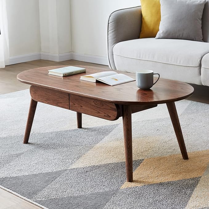 QKFF Solid Wood Coffee Table with Drawers - 100% North American FAS Grade Oak, Traditional Mortise and Tenon Craftsmanship, Low Table for Living Room & Home Office Eco-Friendly Finish