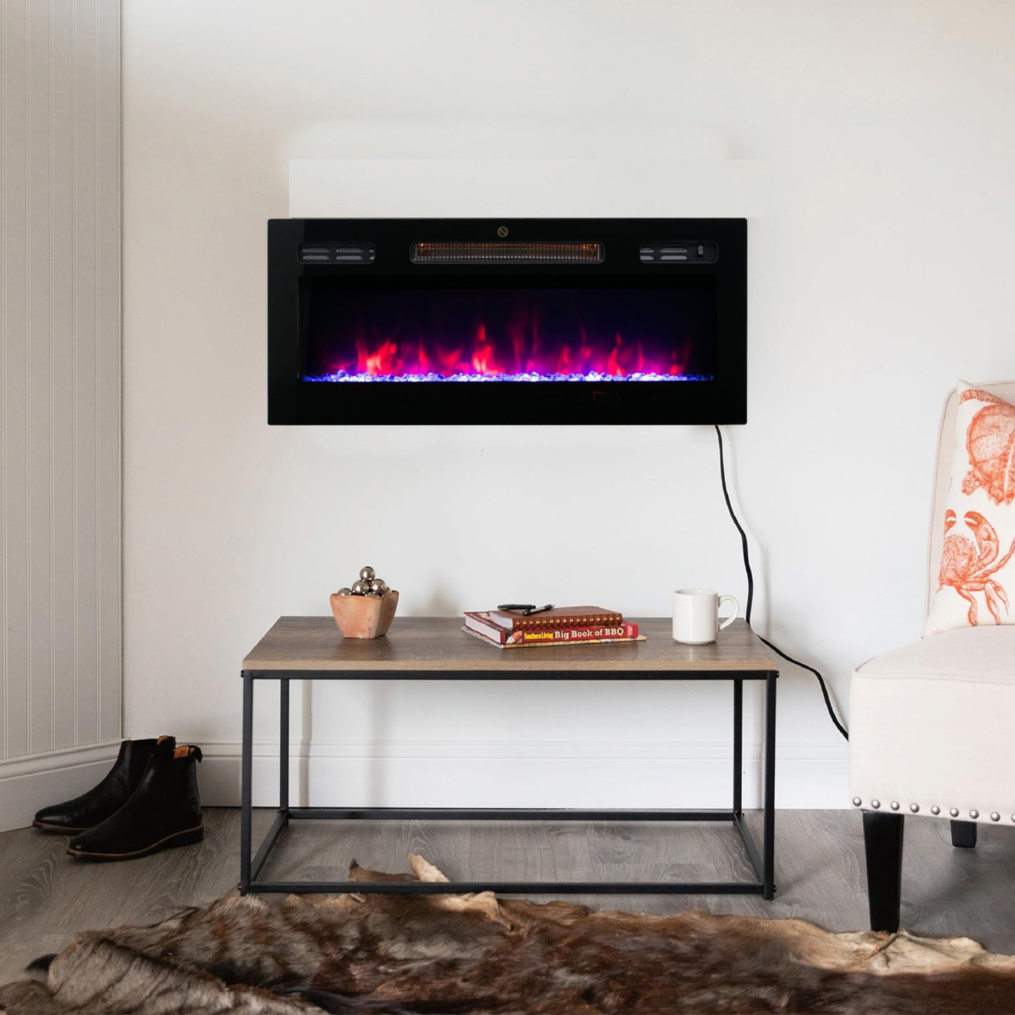 FULEIWO 30 Inch Recessed and Wall Mounted Electric Fireplace, Ultra-Thin Fireplace Heater with Remote Control, 12 Colors Adjustable Flame, Timer, 750W/1500W for Living Room Bedroom, Black