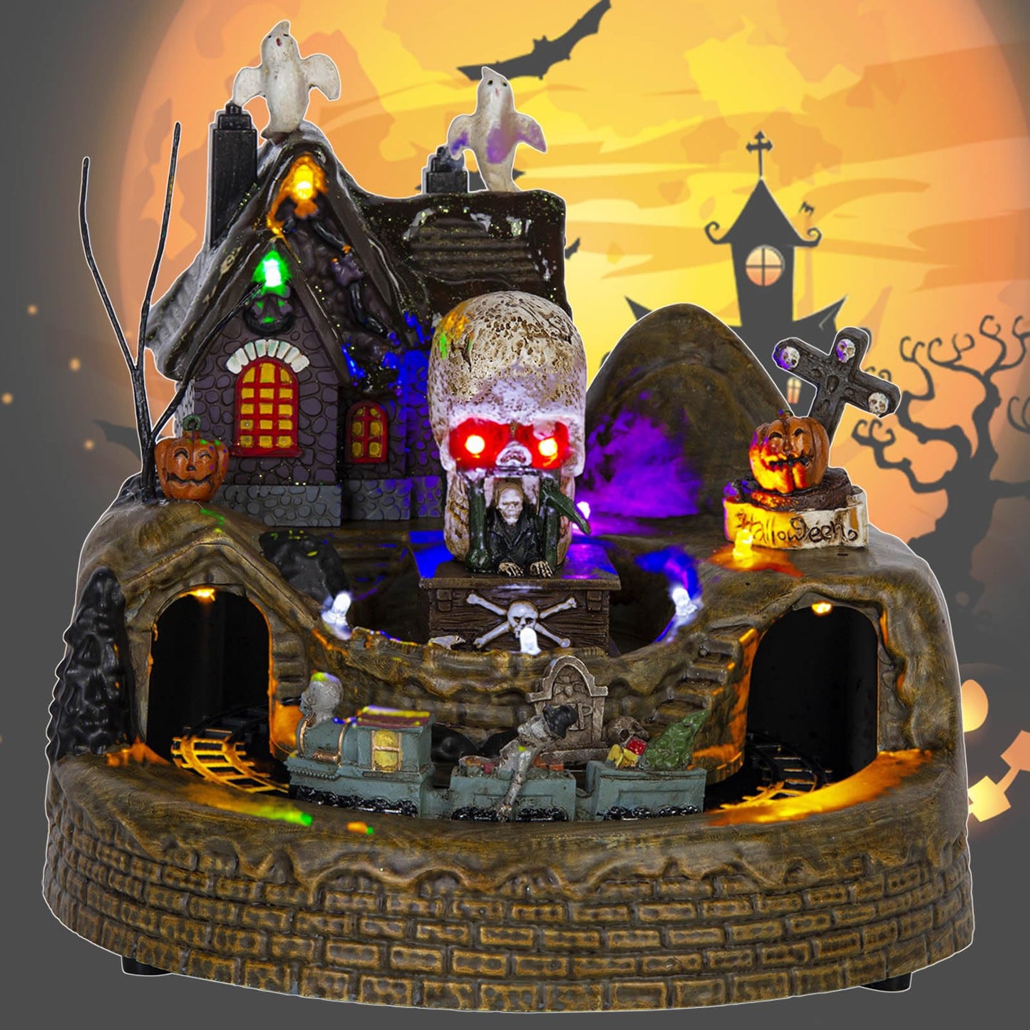 innodept12 Animated Halloween Train Village Set with Ghosts, Skeletons, Spooky House, LED Lights, 7.67 Inches, Multicolor