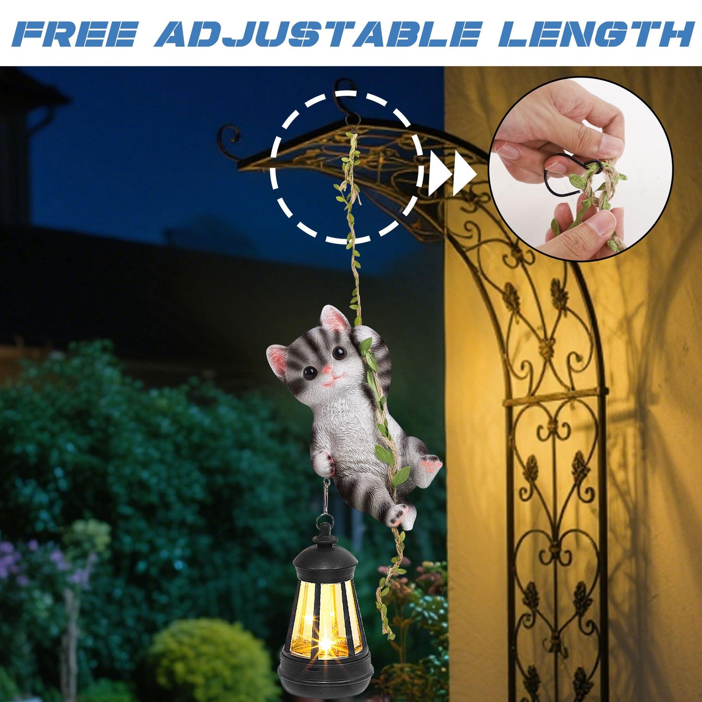 ZaaYee Set of 2 Solar Hanging Statue, Outdoor Resin Black White Cat & Golden Retriever Dog Figurine with LED Lights, Animal Ornament for Garden, Fence, Porch, Patio, Yard Decor