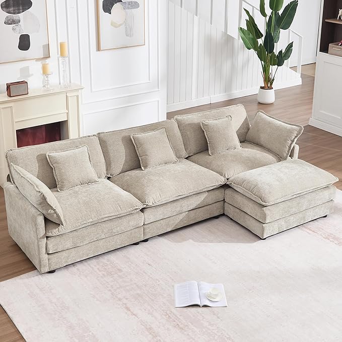 KIVENJAJA 111.5”W Chenille L-Shaped Modular Sectional Sofa, Modern 3-Seater Comfy Deep Seat Cloud Couch with Ottoman/Chaise & 5 Pillows for Living Room Office Apartment, Light Camel