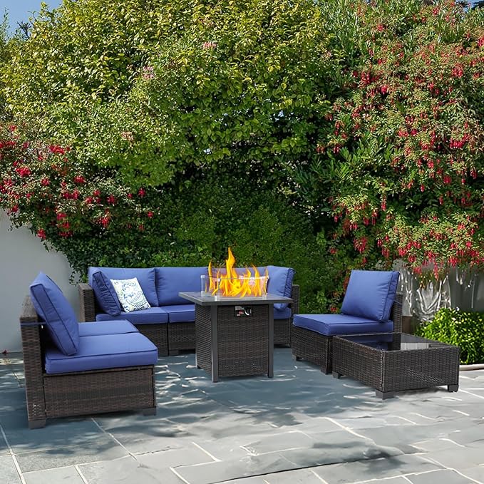 3D MATRIX 8 Pieces Patio Furniture Set with 28" Fire Pit Table, Wicker Outdoor Sectional Couch, Rattan Conversation Set for Backyard, Deck, Garden Lawn, Brown/Blue