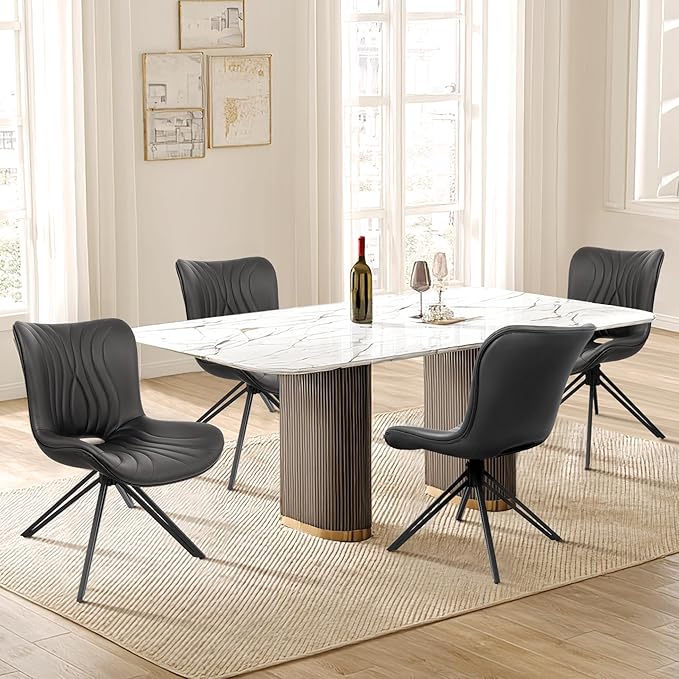 VATROS Dining Chairs Set of 4, 360° Swivel Upholstered Mid-Century Modern Kitchen Dining Room Chairs, Armless Faux Leather Accent Side Chair with Padded Back, Metal Leg, Black