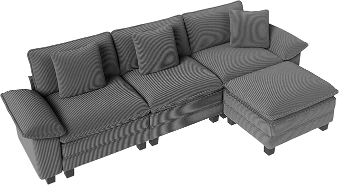 MIXPATIO 123-Inch L Shaped Sectional Sofa with Cloud Cushions, Deep Seat Modular Couch Set w/ 4 Seats & 1 Ottomans, Removable Arms, Plush Corduroy Upholstery for Living Room, Apartment - Gray