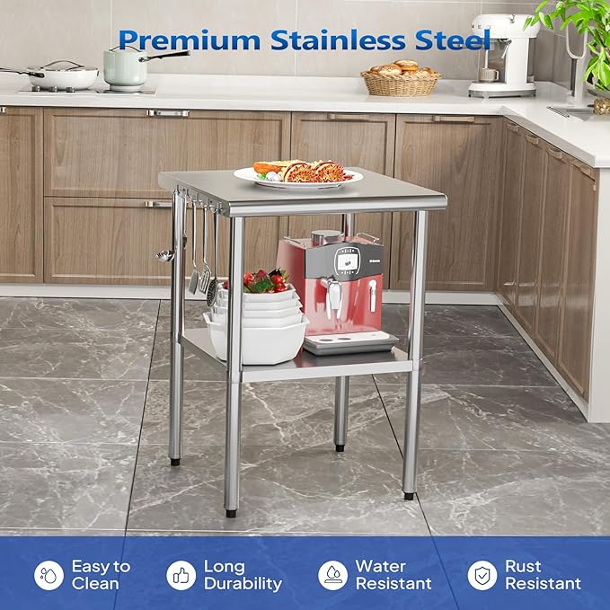 ROVSUN 24'' x 24'' Stainless Steel Table for Prep & Work,Commercial Worktables & Workstations, NSF Heavy Duty Metal Table with Adjustable UnderShelf for Kitchen Restaurant, Home, Hotel, Outdoor