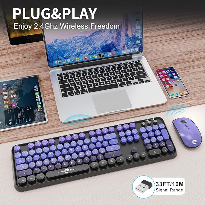 FOPETT Wireless Keyboard and Mouse Combo - 2.4G Full-Sized Cute Colorful Mouse and Keyboard with 104 Round Keys Retro Typewriter Keyboard for Laptop/Windows/PC - Black Purple