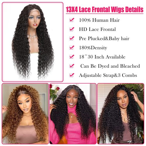 TENACOO Deep Wave Lace Front Wigs Human Hair 13x4 Deep Curly Lace front Wigs Pre Plucked with Baby Hair Curly Wigs for Black Women 180% High Density 18 Inch