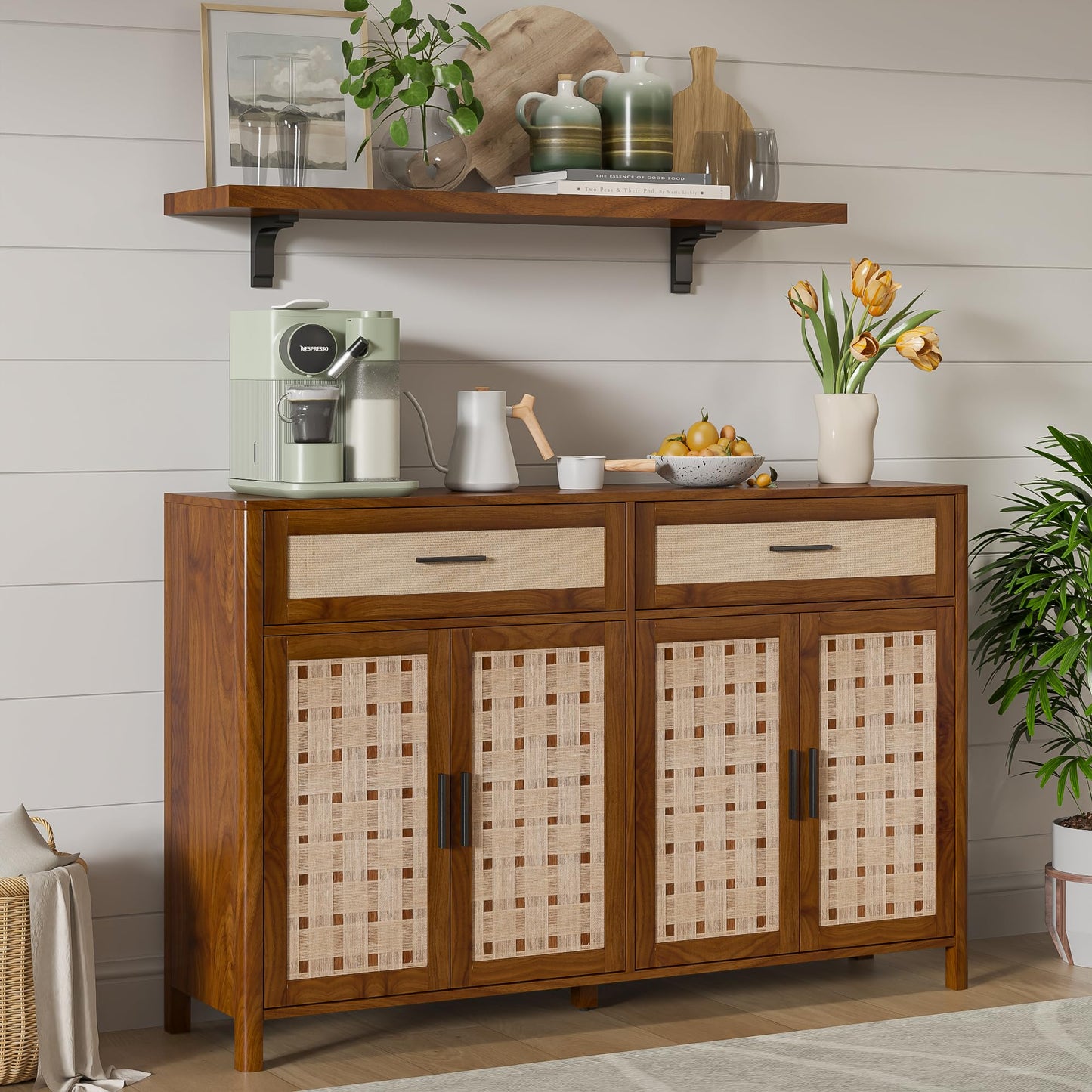 Mxtxmy Farmhouse Sideboard Buffet with Storage, 55' Large Buffet with 4 Doors and 2 Drawers, Wood Coffee Bar, Storage Cabinet for Kitchen, Dining Room, Living Room (Walnut)