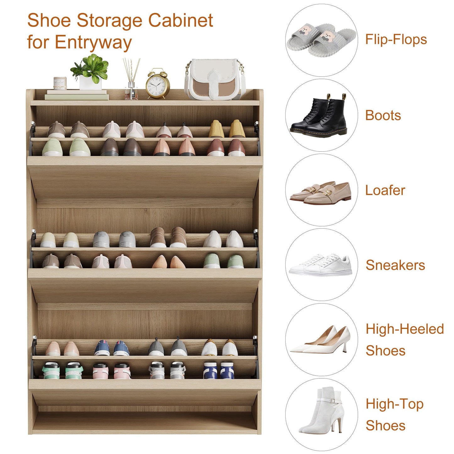GarveeHome Shoe Cabinet with 3 Flip Drawers, Wooden Shoe Organizer with Adjustable Shelf, Shoe Storage for Entryway, Hidden Shoe Cabinet for Hallway, Living Room, Natural Oak