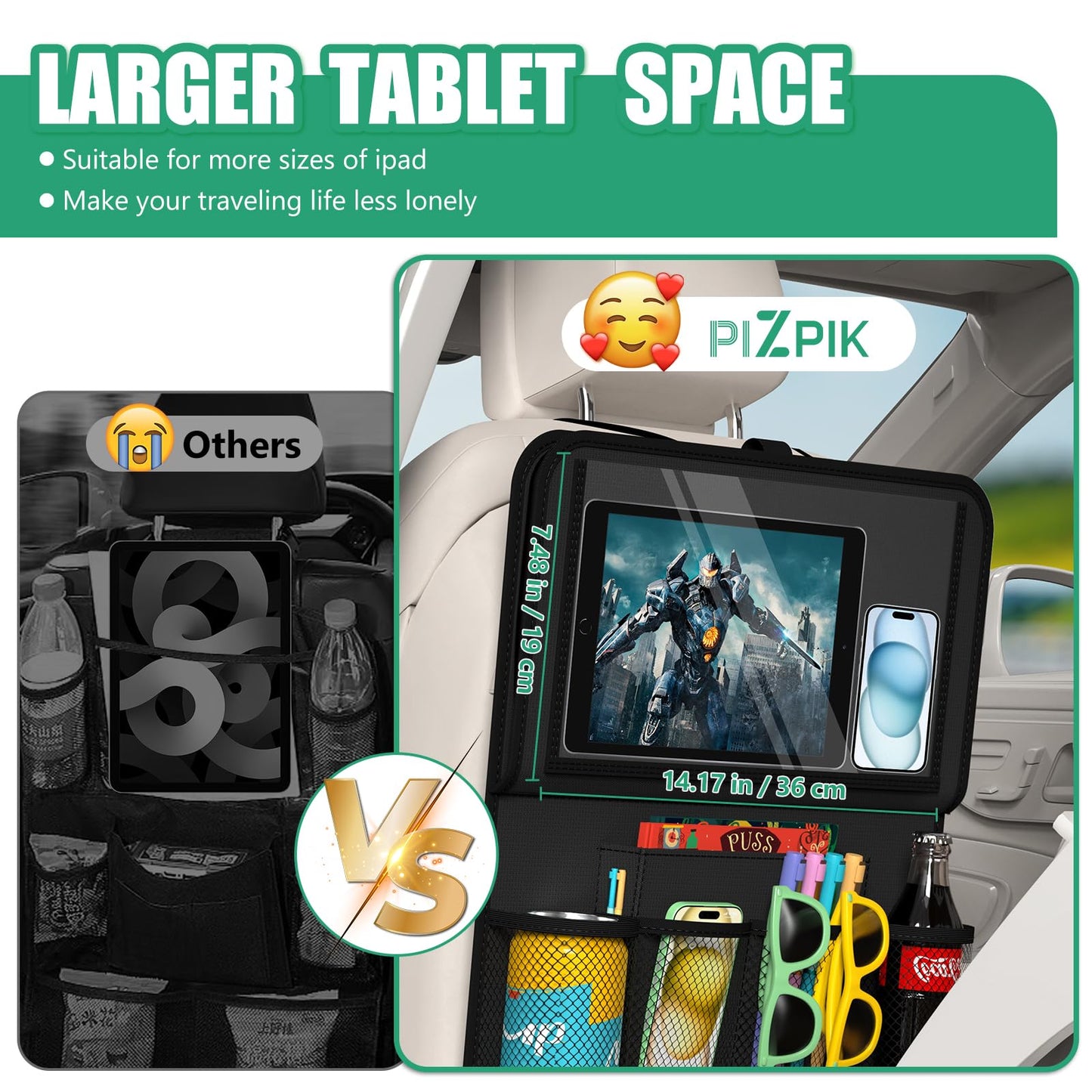 Plzpik Car Backseat Organizer with Tablet Holder,11 Storage Pockets with Foldable Food Tray, Protector Kick Mats for Kids, Travel Accessories Organizer (Black, 1Pack)