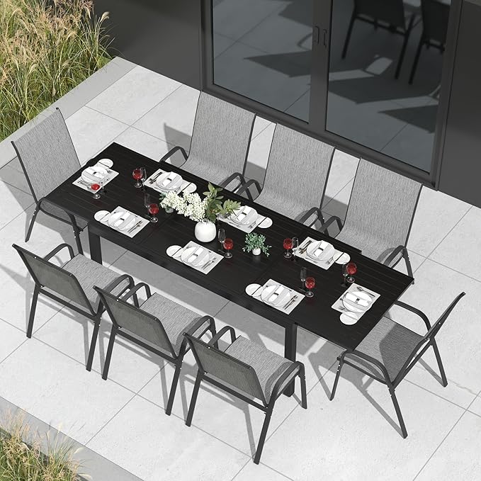 PIZZELLO Patio Chairs Set of 8 - Outdoor Stackable Dining Chairs for All Weather - Breathable Textilene Outdoor Chair Sets with Curved Armrests - 300Lbs Capacity - for Lawn Backyard Garden (Grey)
