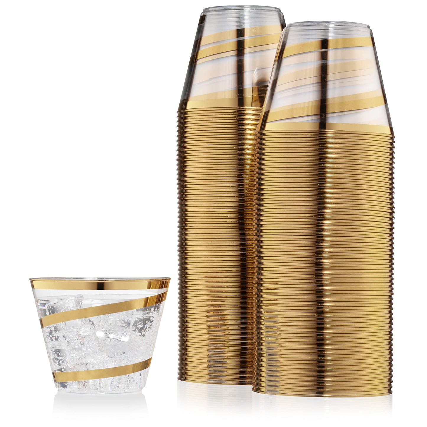 Perfect Settings 110 Gold Swirl Clear Plastic Cups 9 Ounce - Holiday Wedding Party Elegant Trimmed Disposable Cups - Fancy Wedding Cups