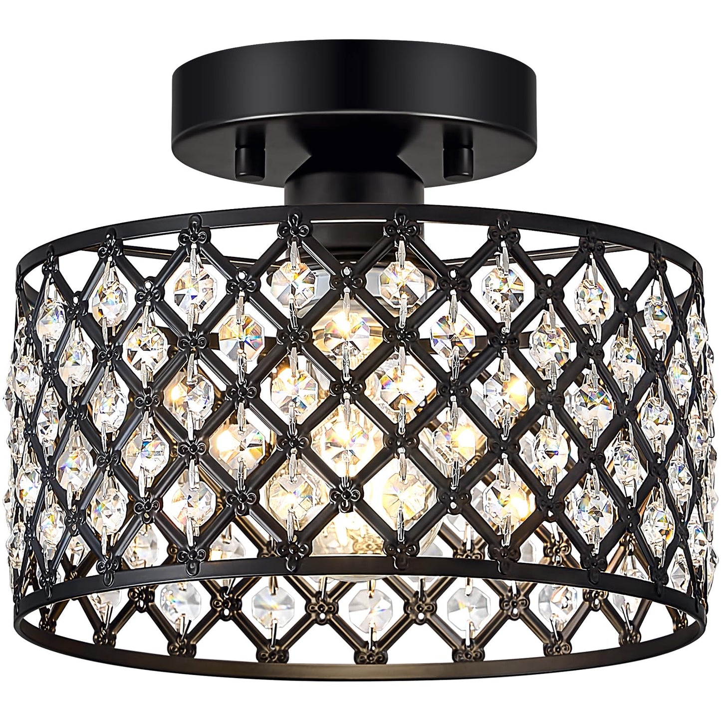 Black Crystal Ceiling Light Fixture,Modern Semi Flush Mount Ceiling Lighting Fixture,Round Small Chandelier for Hallway, Entryway, Laundry Room, Kitchen, Bedroom, Foyer, Bathroom, 1 Light, 9 inch