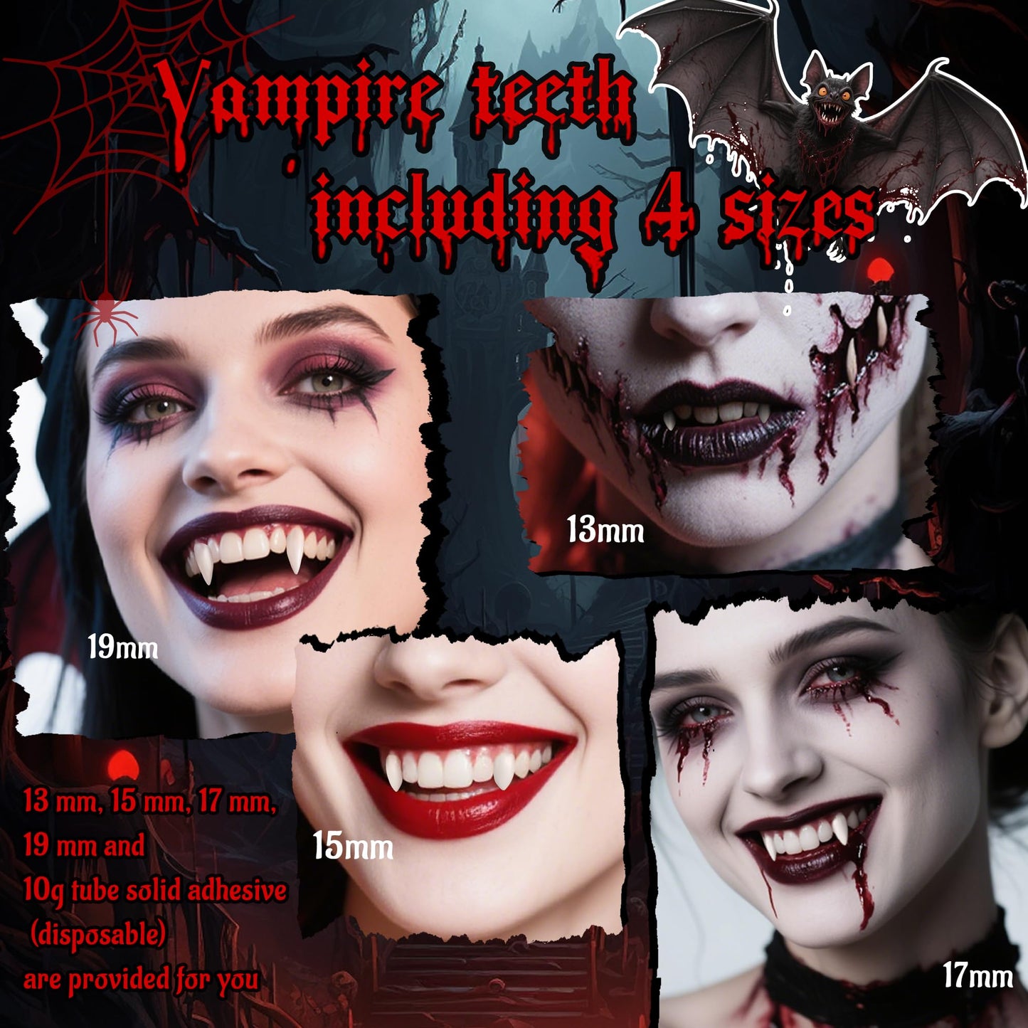 VANERIA 4 Pairs Vampire Fangs,4 Size Fangs For Cosplay Halloween with Tube Solid Adhesive,Vampire Coffin Gift Box Design,Fake Fangs Vegan/Cruelty Free
