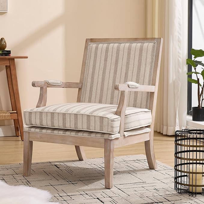 DM Furniture Mid Century Modern Accent Chair Upholstered Living Room Chairs with Armrest Linen Comfy Lounge Armchair Retro Solid Wood Reading Chair for Bedroom, Guest Room, Balcony, Khaki Stripe