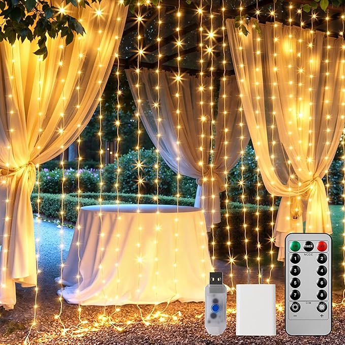 Brightown 600 LED Curtain String Lights, 20 FT Hanging Fairy Lights with Remote, 8 Modes, Waterproof Window Lights for Bed...