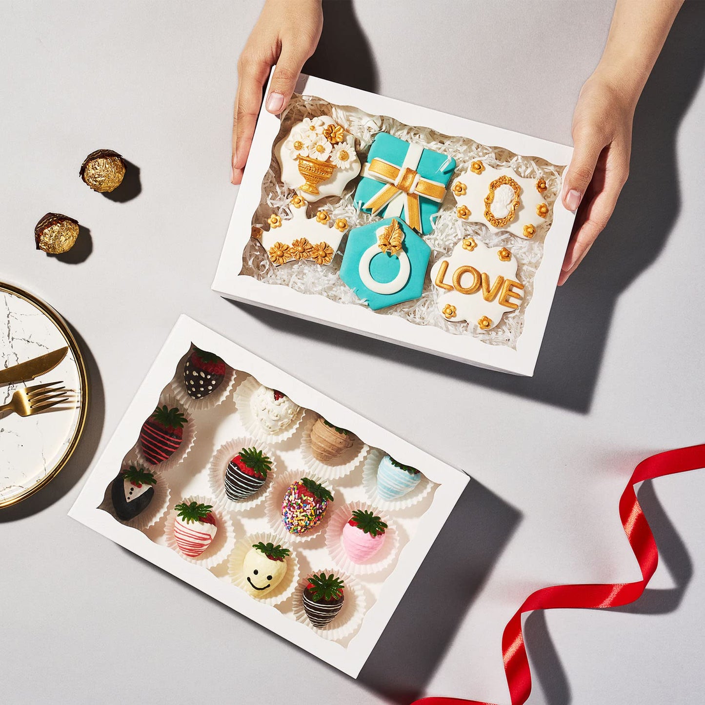 SLShePack 24 PCS 9.5" x 6" x 2" Bakery Boxes with Window for Cookies, Cakesicle, Chocolate Bomb, Macaron, Chocolate Covered Strawberries and Pretzel Rods