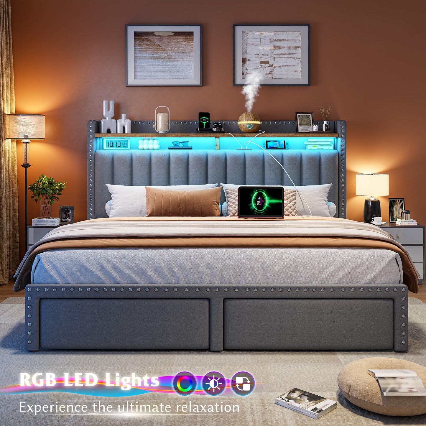 EnHomee Queen Bed Frame with 2 Storage Drawers, Upholstered Platform Bed with LED Lights and Charging Station, Sturdy Wooden Slats Support, No Box Spring Needed, Noise Free, Grey