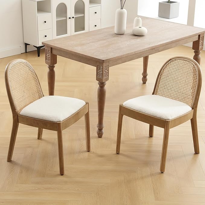 DUOMAY Mid-Century Modern Rattan Dining Chairs Set of 6, Wooden Dining Room Chair with Cane Backrest and Padded Seat, Sherpa Upholstered Dining Chair, Natural Finish, White