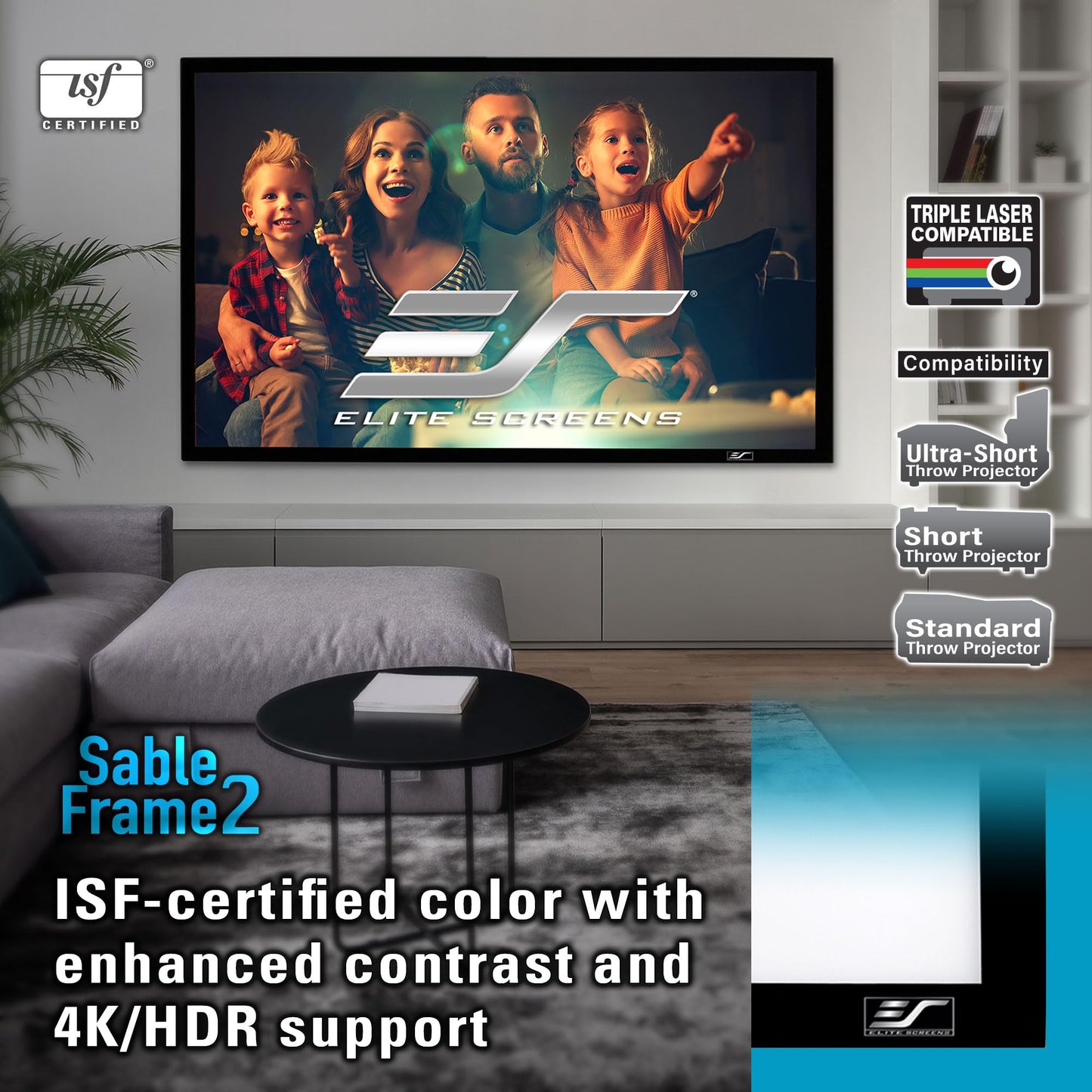 Elite Screens 200 inch Projector Screen 16:9, Wall Mounted Fixed Frame , 8K/4K UHD & Active 3D Ready, ISF-Certified Material for Home Theater, Office & Indoor Presentations, Sable Frame 2, ER200WH2