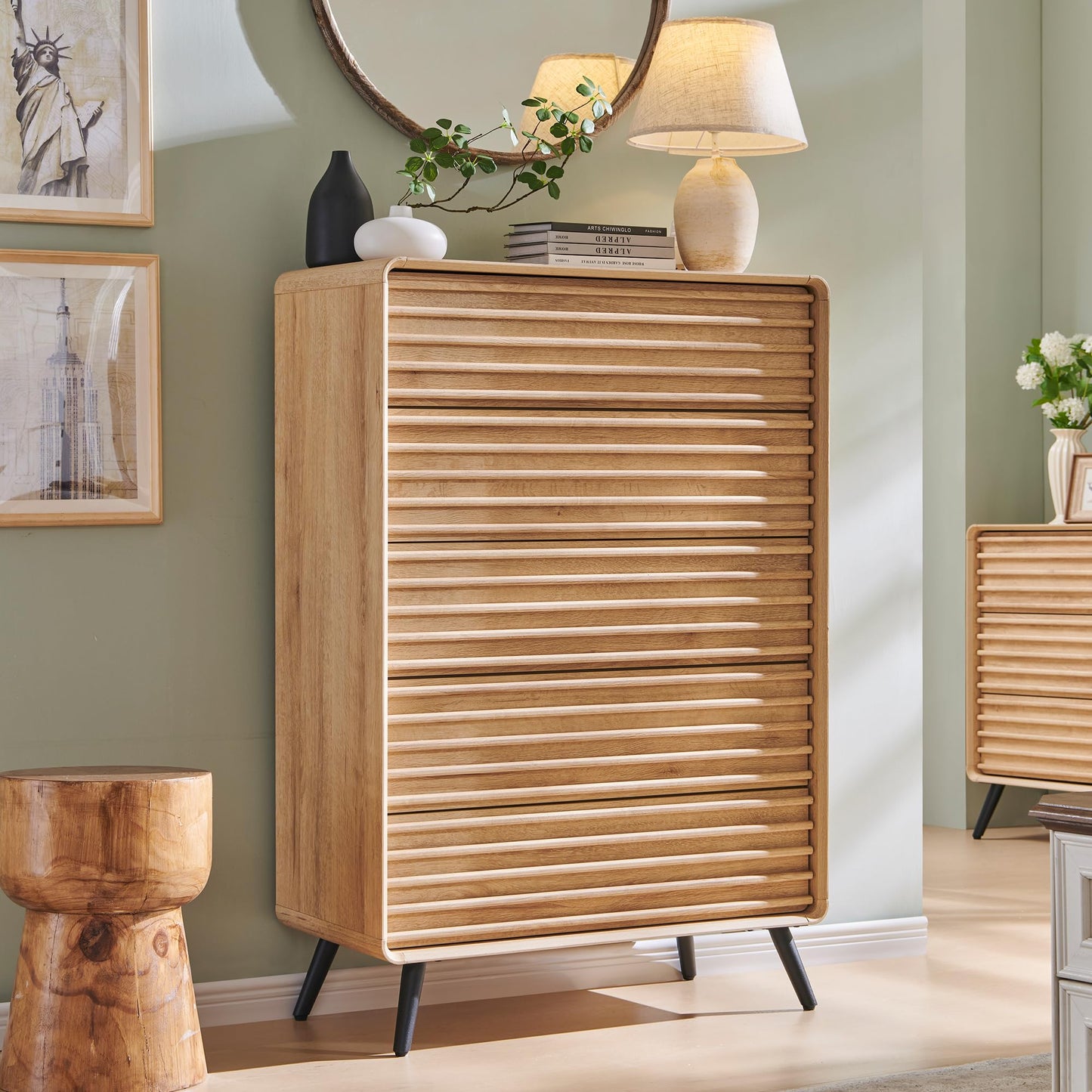 RedLemon 5 Drawers Dresser for Bedroom, 48'' Tall Mid Century Modern Wood Fluted Dresser, Chest of Drawers with Tapered Leg for Bedroom, Living Room, Hallway, Closet,Natural Oak