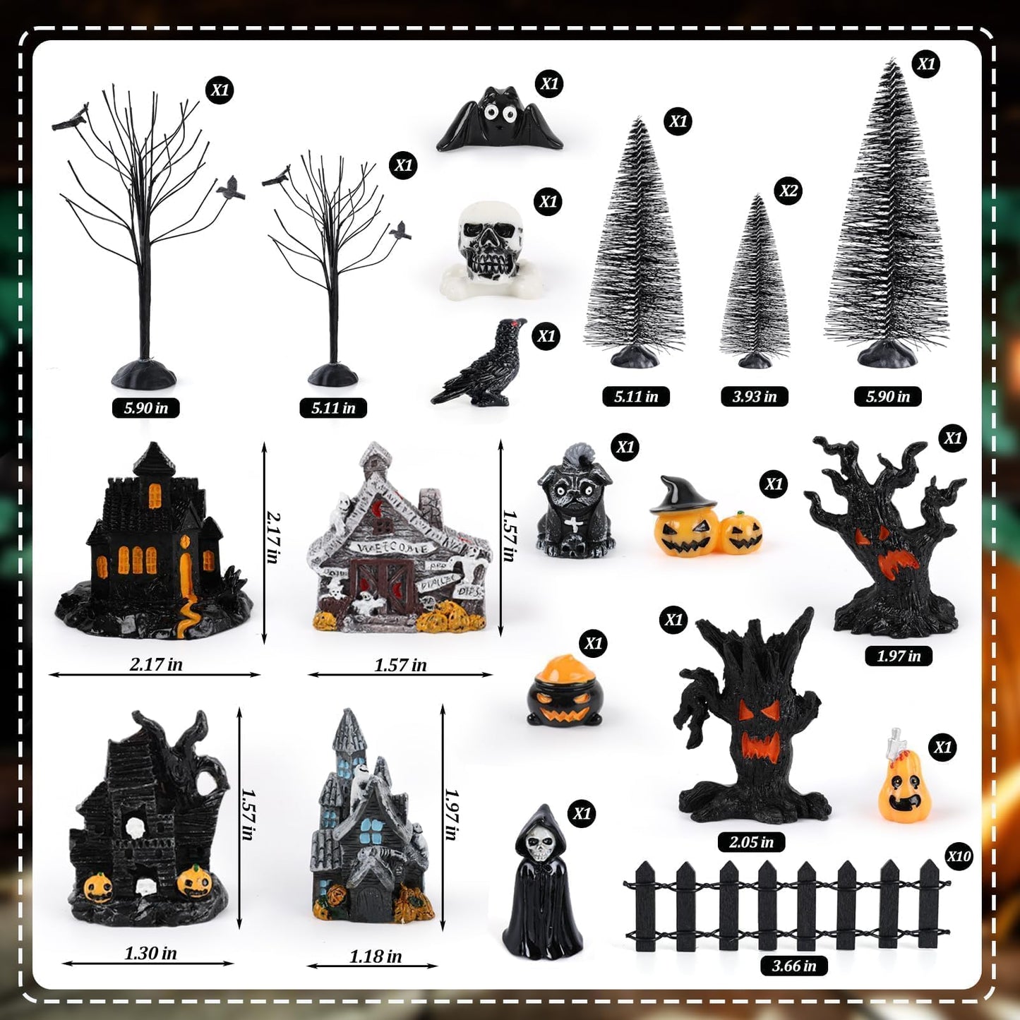 YLOLUL 30 Pcs Halloween Village Ornaments Accessories Figurines Town Miniatures Include Trees Pumpkins Black Dog Crows Skeletons Houses Wizard Bat for Halloween Village & Party Table Decorations