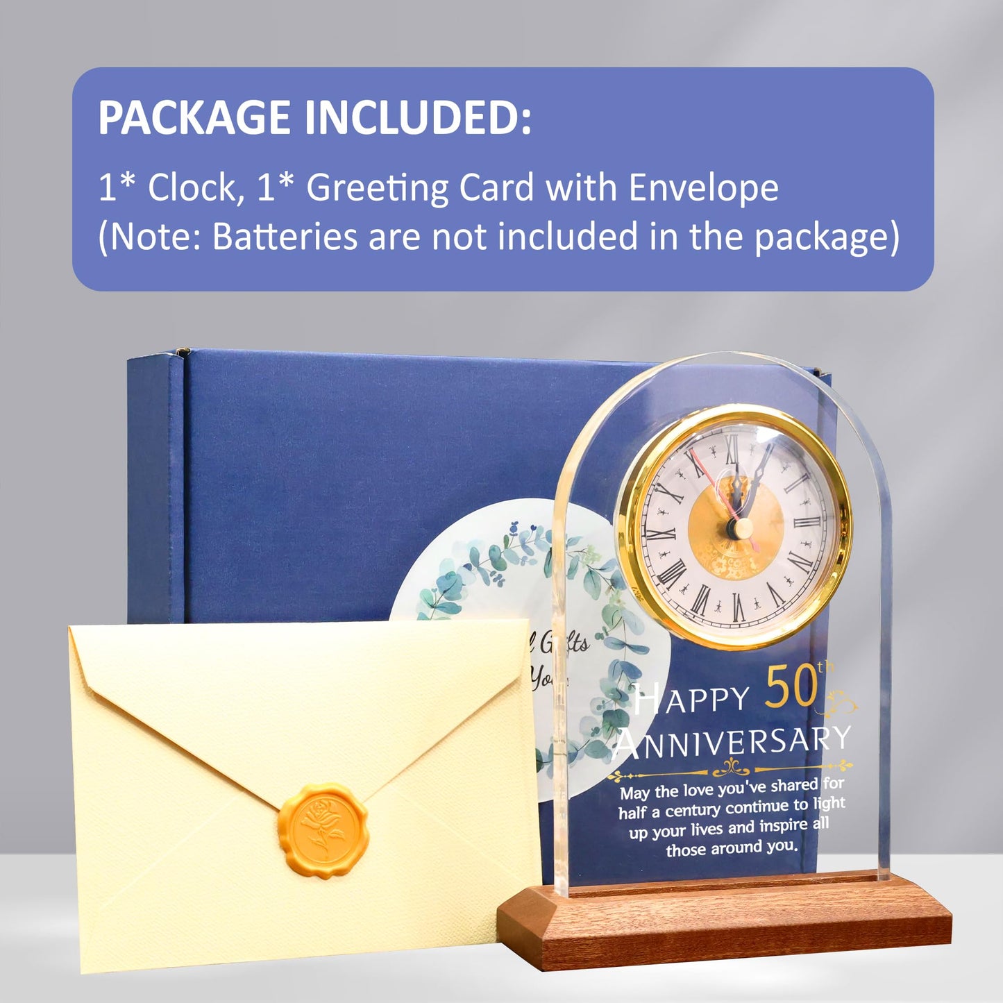 OkiyiD 50th Anniversary Wedding Gift, Anniversary Quartz Clock, Desk Table Clock, 50 Years of Marriage, Golden Wedding for Couple, Parents, Grandparents (Wooden Base with LED Light)