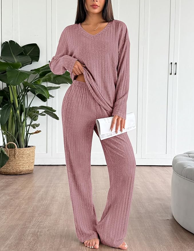 Ekouaer Lounge Sets for Women Long Sleeve Knit Ribbed Pajama Sets 2 Piece Casual Loungewear with Pockets