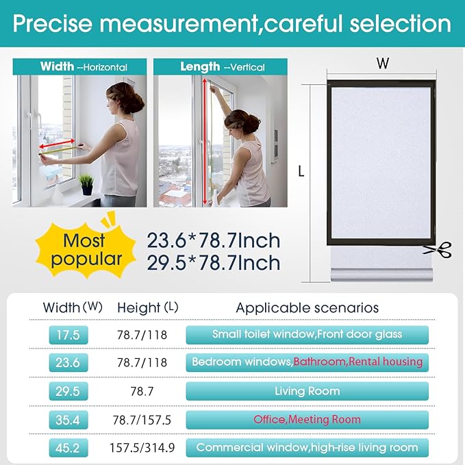Coavas Window Privacy Film Frosted Glass Static Clings, Decorative Bathroom Door Privacy Film Day and Night, Heat UV Blocking Anti-Glare Frosting Stickers Renter Non-Adhesive, 23.6 x 118.1 Inch, Pure