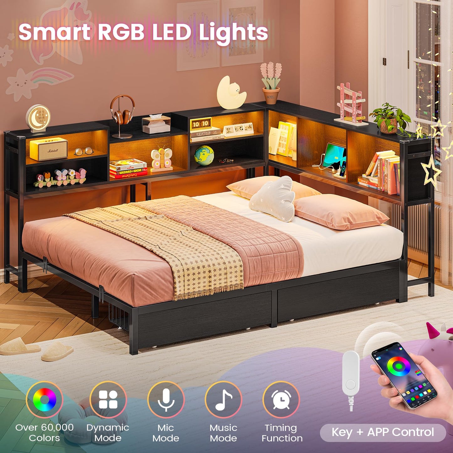 Hasuit Full Corner Bed Frame with Storage Bookcase, Full Size Daybed with 2 Underneath Storage Drawers, Kids Bed Unit with Charging Station and LED Light, Modern Teenagers Bedframe, Black