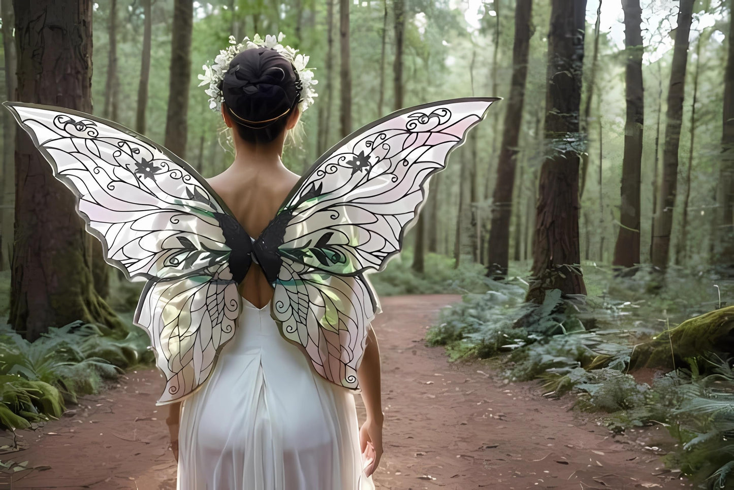 Fairy Wings for Adults and Girls，Fairy Costume Set with Floral Garland, Fairy Hair Tinsel, Wand & Elf Ears – 29"x21" Organza Butterfly Wings – Ideal for Cosplay, Party, Black