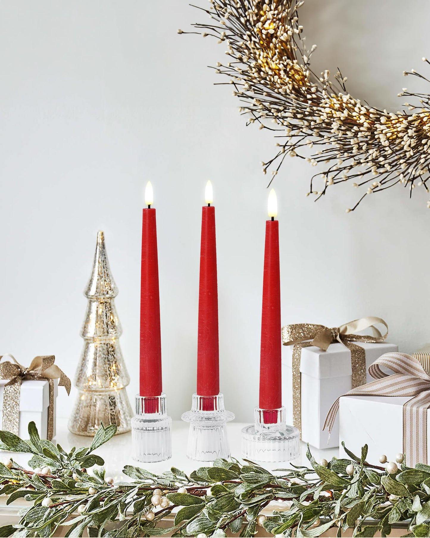 Stmarry Red Real Wax LED Flameless Taper Candles with Remote and Timer, 9.65 Inch Flameless Candlesticks, Dripless Battery Operated Candles with 3D Flickering Flame - Set of 6