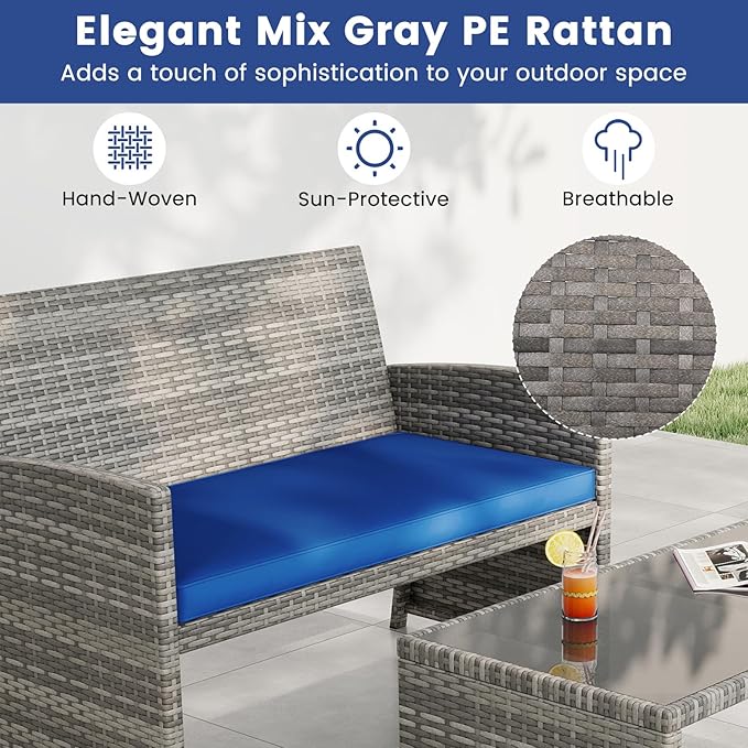 Tangkula 4 Piece Patio Wicker Furniture Set, Outdoor Heavy Duty Rattan Cushioned Chairs, Loveseat and Tempered Glass Coffee Table, for Backyard, Balcony, Poolside (Navy)