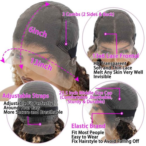 Highlight Lace Front Wig Human Hair 13x6 Deep Wave Wig Brazilian Ombre Honey Blonde Color Wig Human Hair Pre Plucked with Baby Hair Wet and Wavy Deep Curly Wigs for Black Women 180% Density (24 Inch)