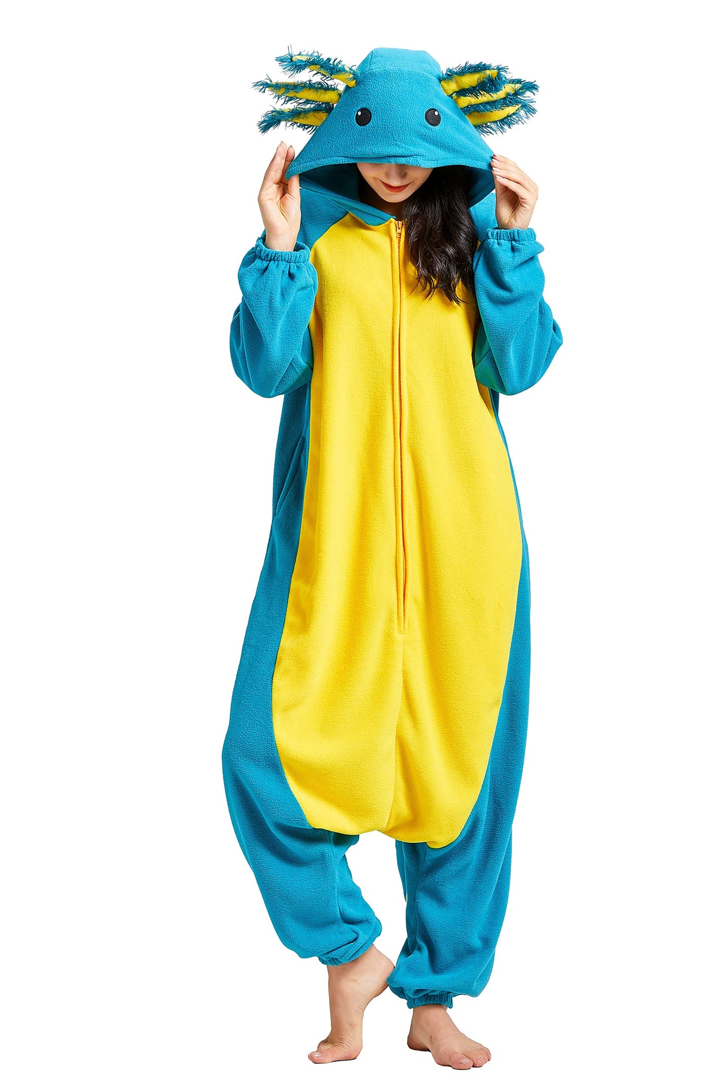 DELEY Unisex Adult Axolotl Onesie Pajamas, Flannel Animal One Piece Costume Sleepwear Halloween Cosplay Homewear Blue Axolotl